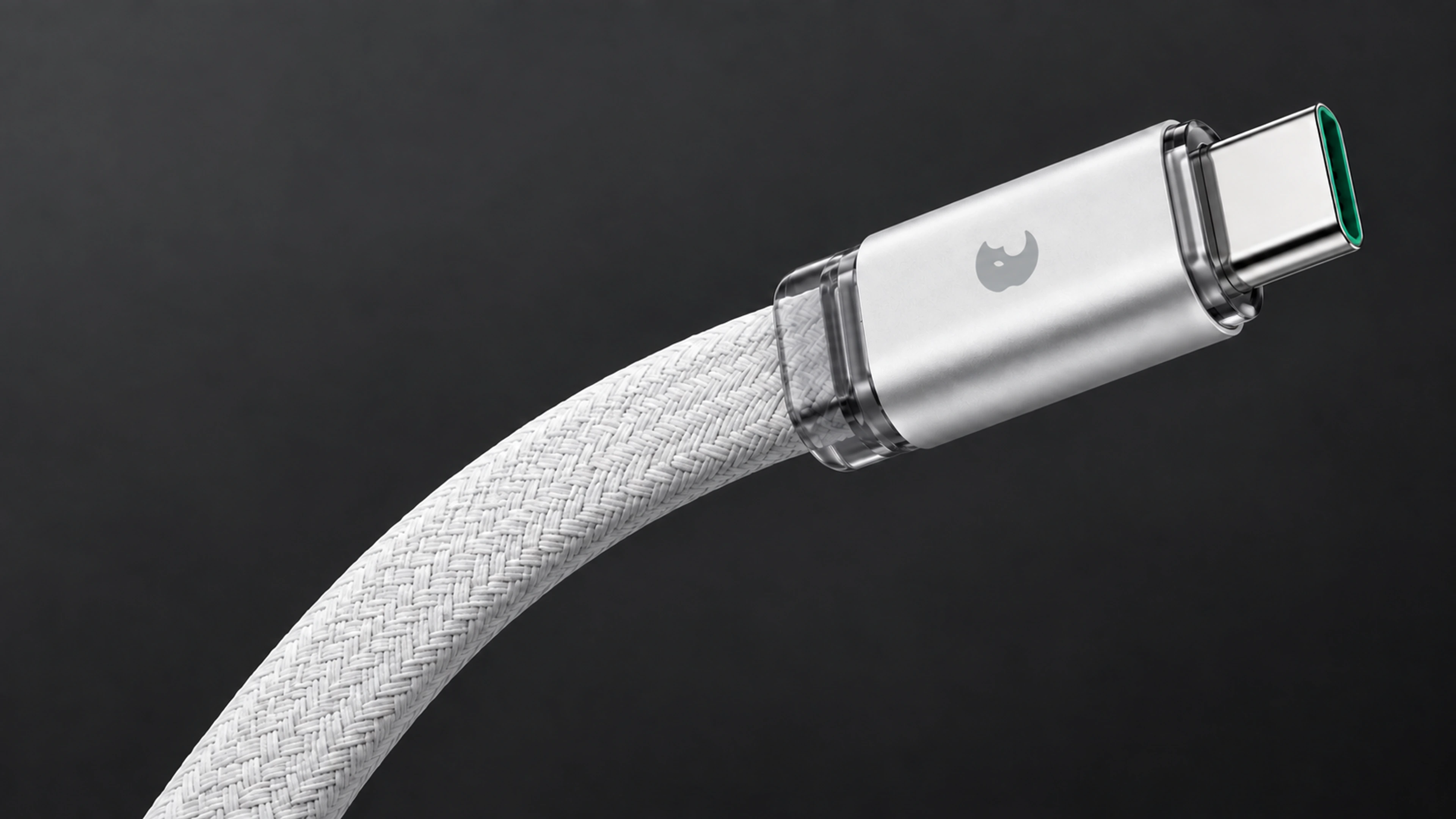 C2 银色 USB-C、透明颈圈和宽扁编织线身的放大近景。